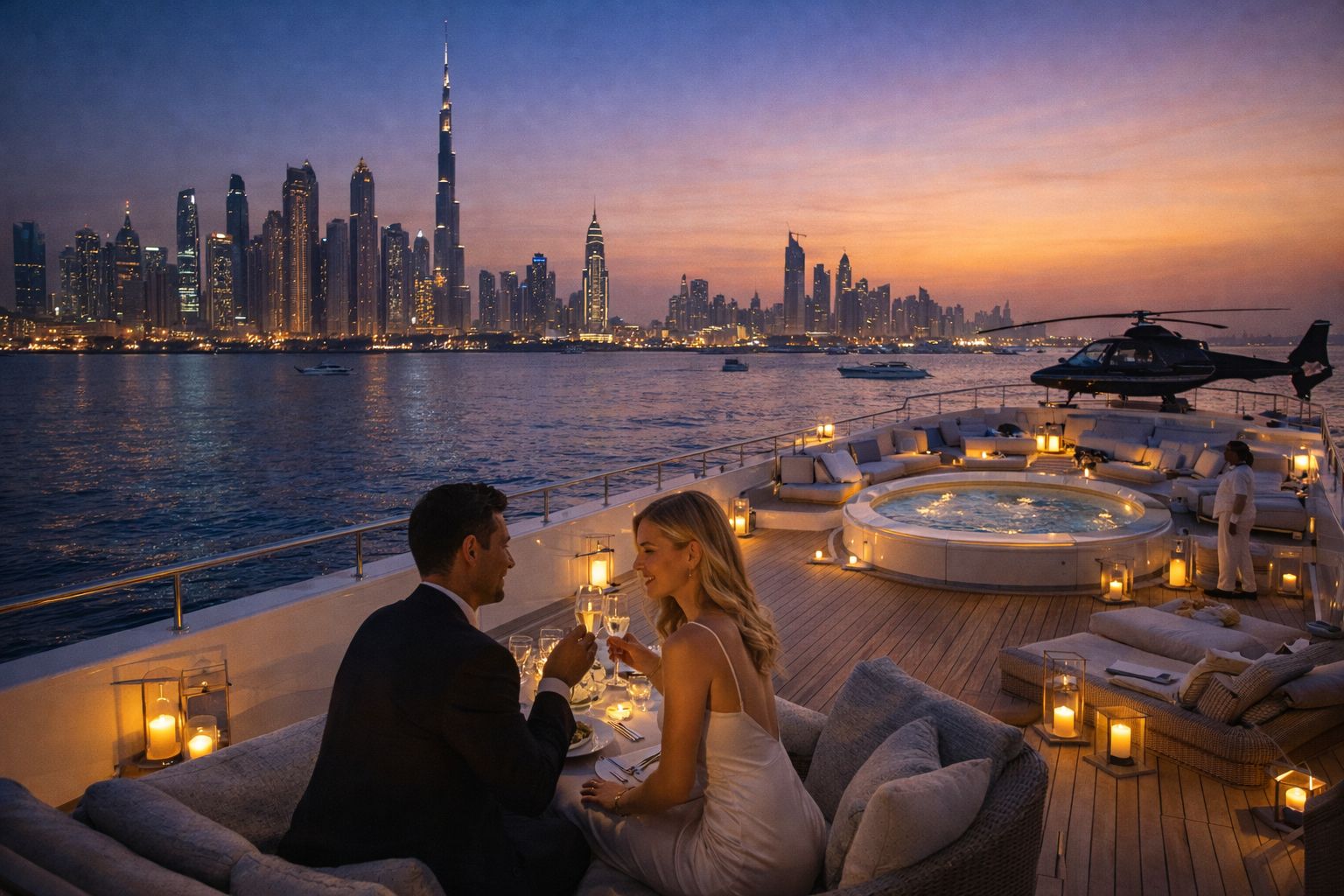 Luxury Dubai Superyacht Charter Experience with luxury VIP experience at Palm Jumeirah