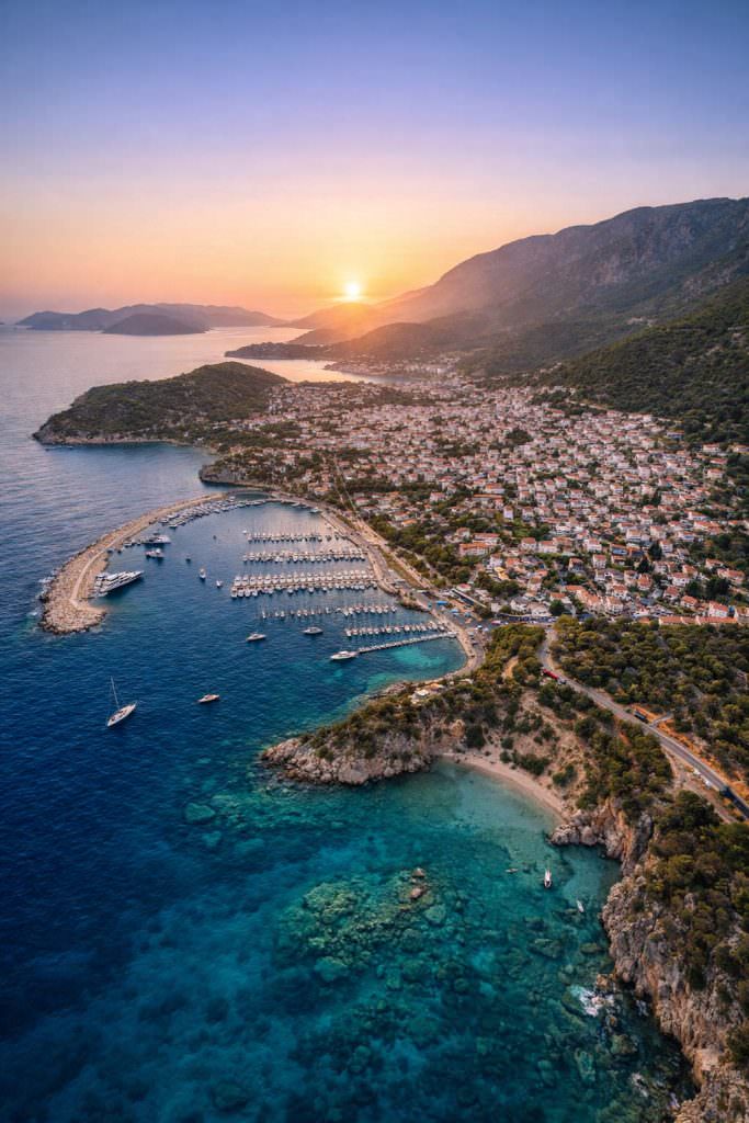 Kas yacht charter coastal town sunset Mediterranean Turkey