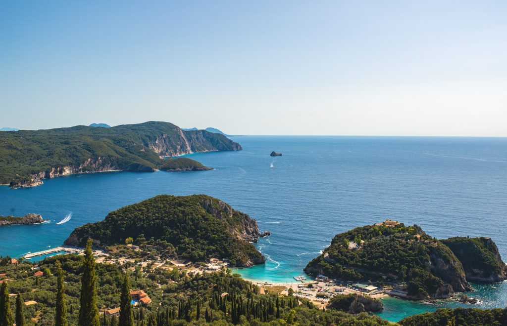 Aerial view of Corfu island coastline with turquoise sea Greece