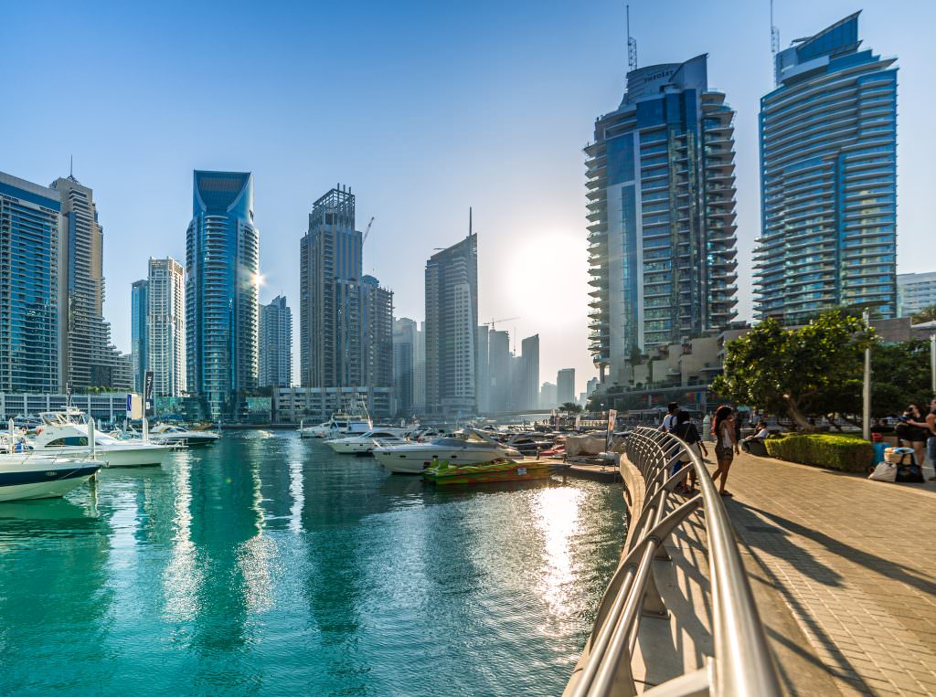 Dubai Marina skyline and luxury yacht harbor charter destination