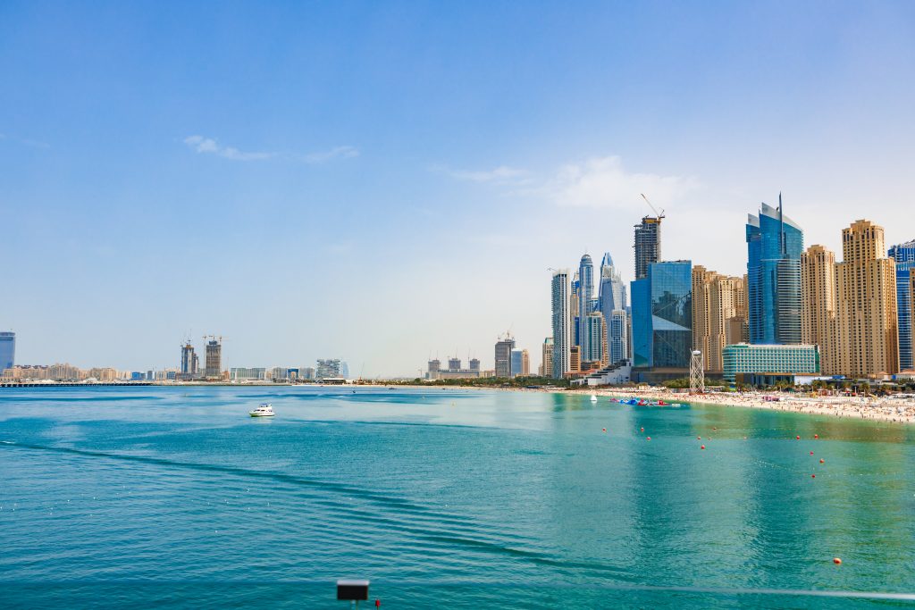 JBR yacht charter Dubai yacht charter JBR skyline Jumeirah Beach coast view UAE