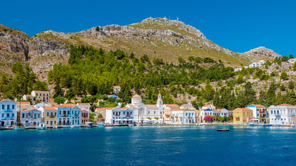 Kastellorizo island harbour town with colorful waterfront houses Greece