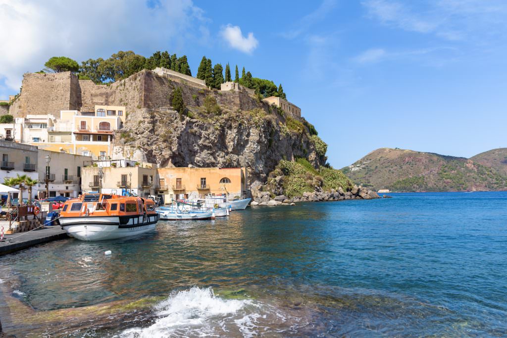 Luxury yacht charter in Lipari island marina view Aeolian Islands Sicily Italy