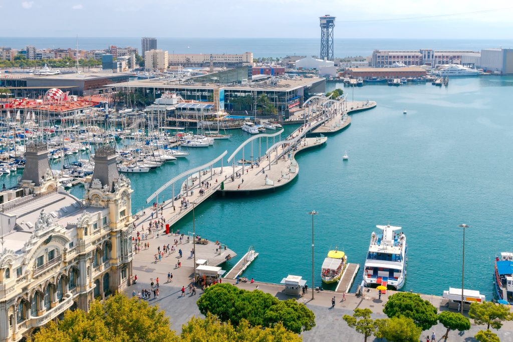 Malaga harbor cityscape Plaza de Toros La Malagueta Mediterranean marina view