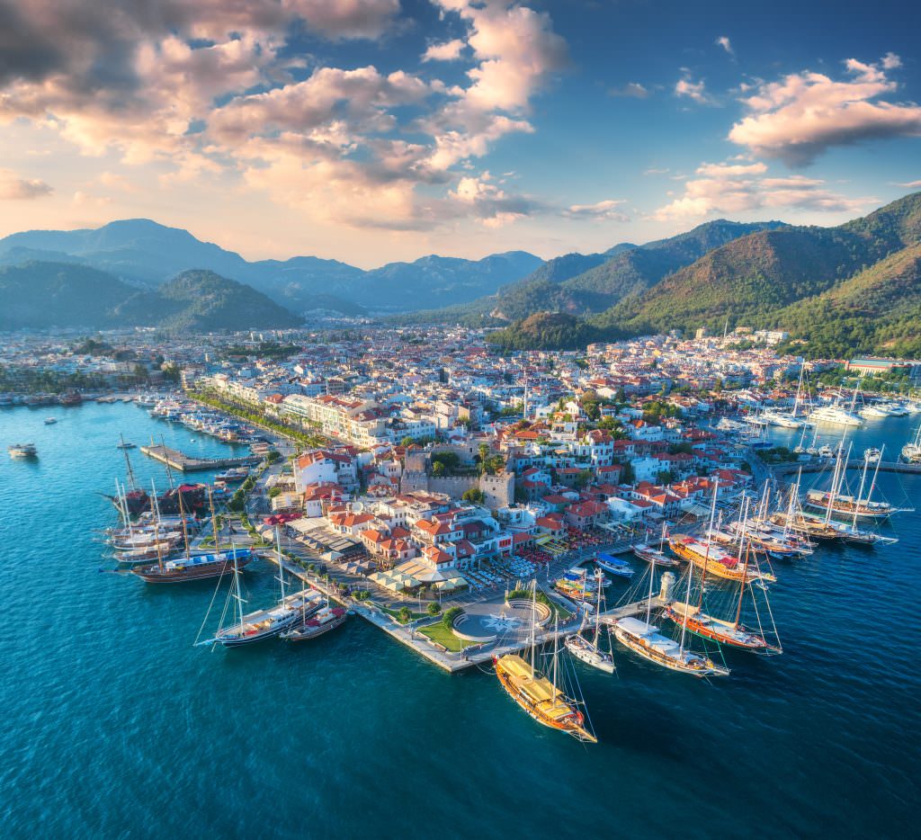 Marmaris yacht charter at Marina aerial harbor view with yachts