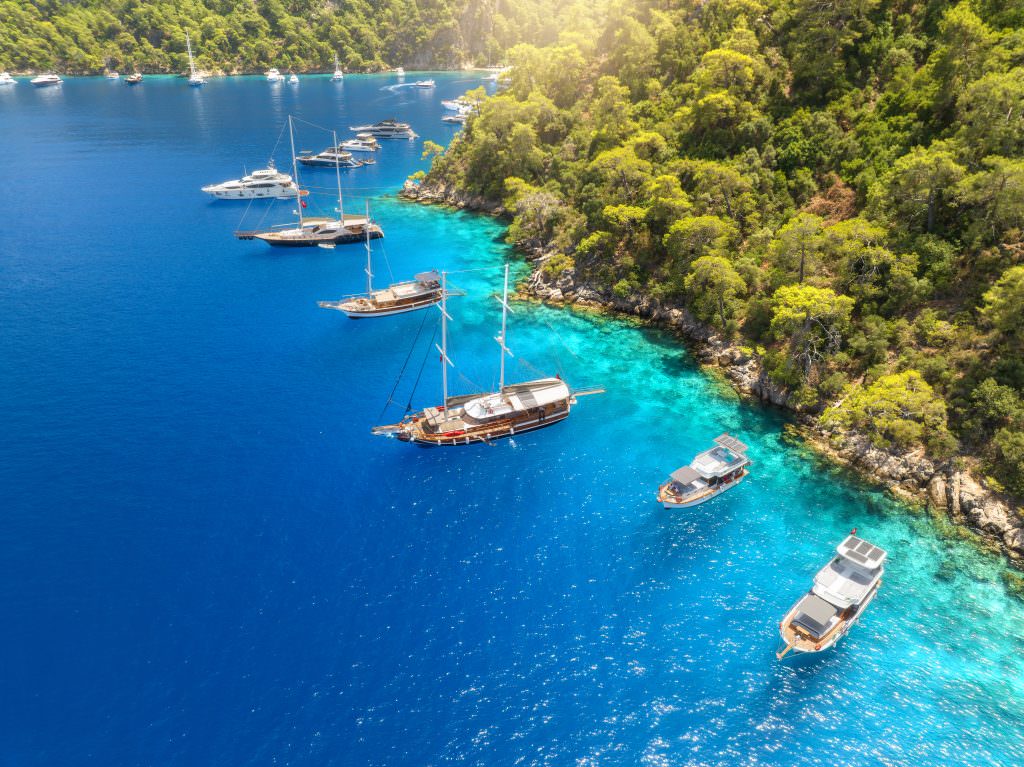 aerial view of yachts in Marmaris turquoise bay Turkey