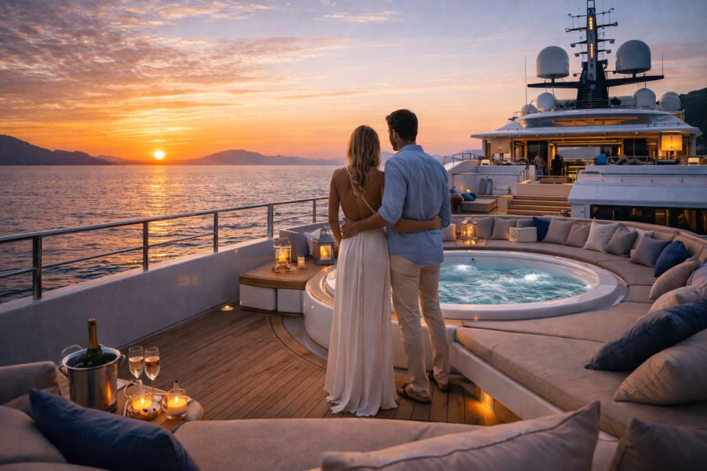 Patara beach yacht charter with couple sunset