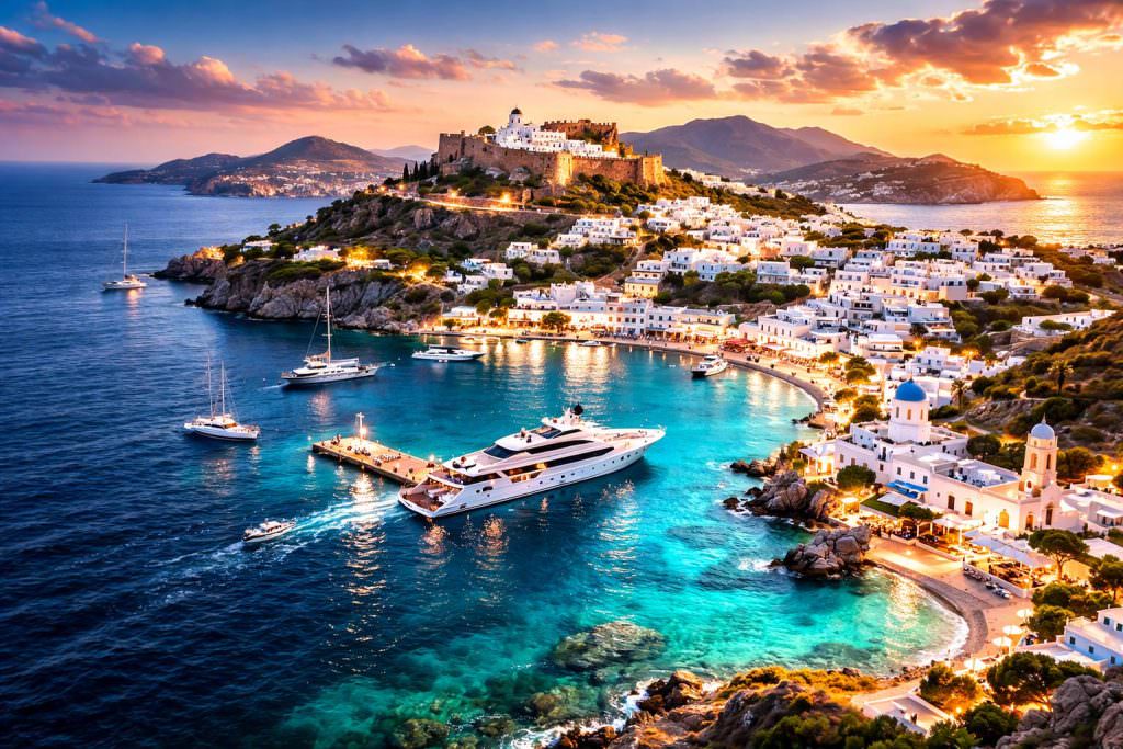 Skala harbour with boats and waterfront town in Patmos island Greece