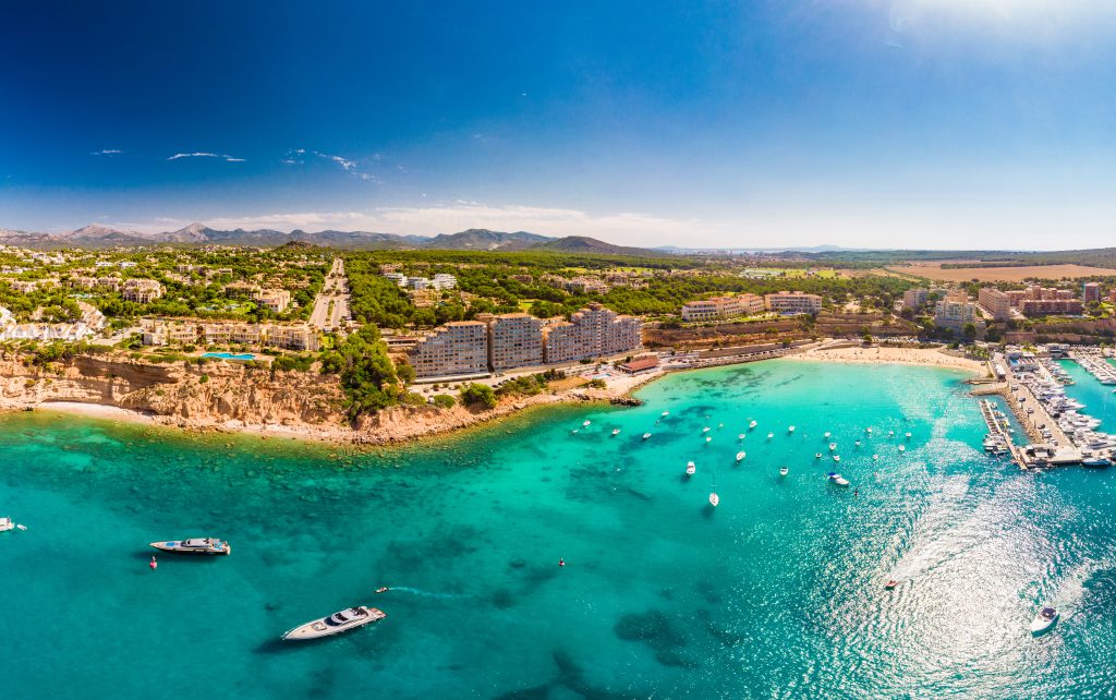 Mallorca yacht charter at Port de Soller marina bay Mallorca Mediterranean yacht harbor aerial view