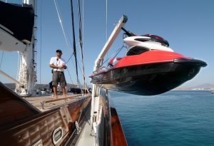 Clear Eyes gulet tender and water toys, luxury yacht with jet ski and support boat on deck, offering premium water sports and adventure experience at sea