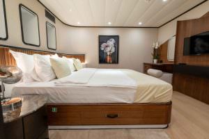 De Love motor sailer guest cabin with elegant interior design, comfortable yacht charter bedroom with modern furnishings and ambient lighting