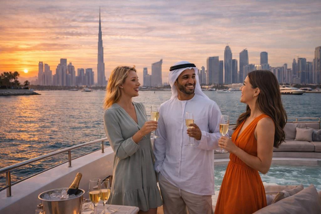 dubai yacht charter guide burj khalifa sunset view motor yacht experience