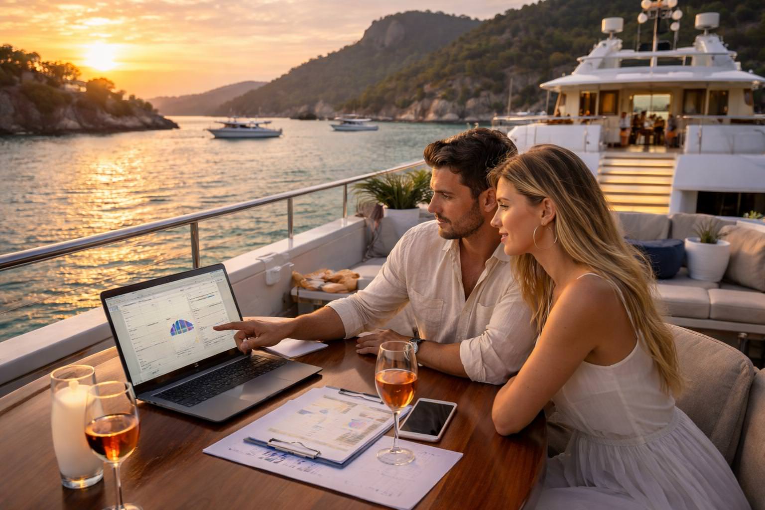 luxury yacht charter prices 2025 guide couple planning on motor yacht sunset